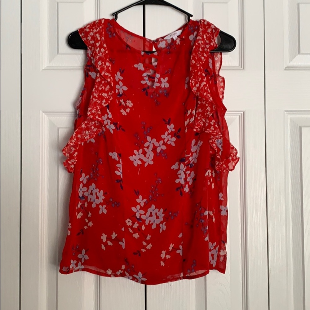 Candie’s red white and blue flower blouse, size M